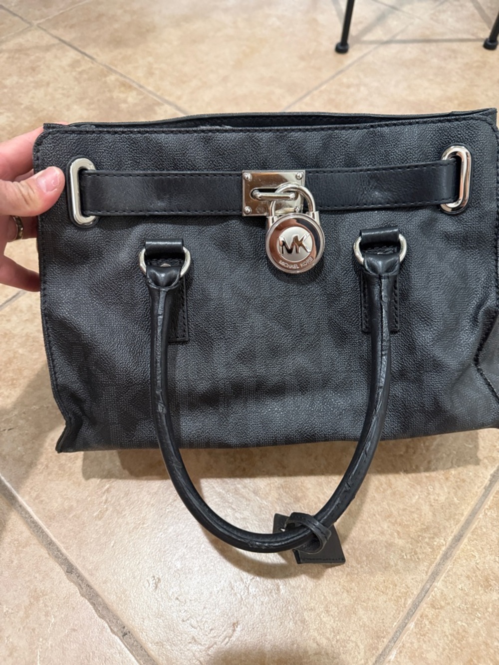Michael Kors Black Leather Satchel with MK Padlock Accent